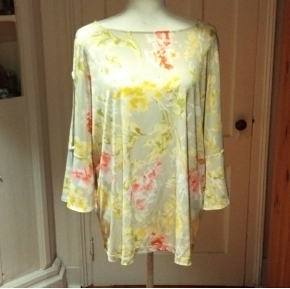 NEW Susan Graver Yellow Boat Neck Split Flare Sleeve Top Relaxed Fit Size XL